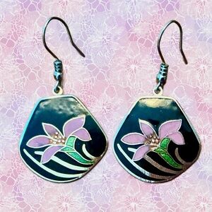 Vintage Wild Iris/Lily Cloisonné Enamel Dangle Earrings